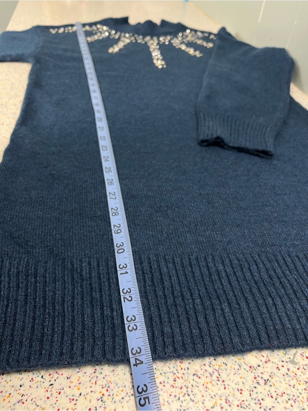 Anthropologie Long-Sleeve Embellished Sweater Mini Dress Dark Teal Womens Size M - Picture 8 of 8